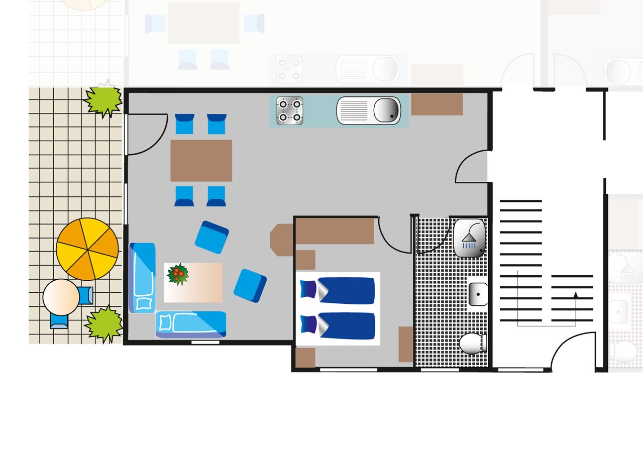 A hotel room layout with a kitchenette, a bathroom, a seating area with a table and chairs, and a small balcony.