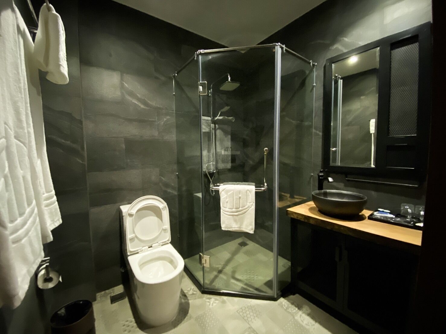 A modern bathroom with a glass-enclosed shower, a white toilet, a sink with a bowl, and a mirror above the sink.