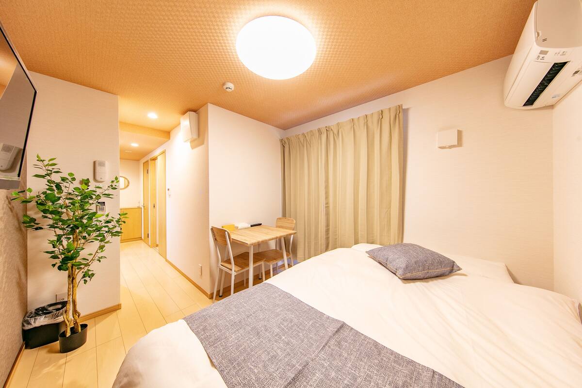 A hotel room with a bed, a desk, a chair, a potted plant, and an air conditioning unit.