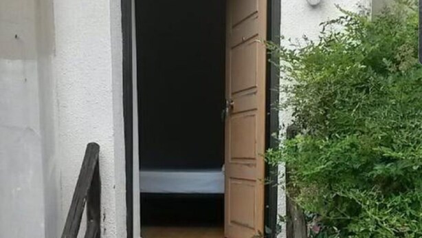 A set of wooden stairs leading to a dark interior space, with a door at the top and a small garden area to the right. - APARTMENT / STUDIO PALINURO CENTER AT 800M FROM THE SEA ....................... (Palinuro)