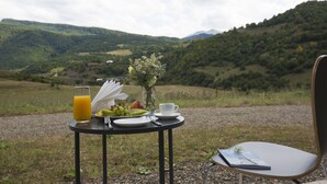 Una mesa con un vaso de jugo de naranja, un plato de frutas, una taza y un florero con flores, frente a una vista panorámica de una colina.