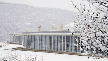 Un edificio moderno con grandes ventanales, techo plano y un paisaje nevado al fondo.