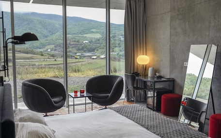 A modern hotel room with a large bed, two black chairs, a desk with a lamp, and a view of green hills.