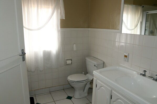Un baño con inodoro, lavamanos y espejo.