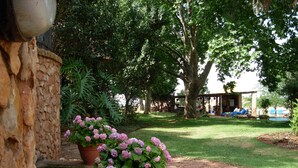 A garden with a stone pathway, potted flowers, and a covered seating area with chairs. - Sterkfontein Heritage Lodge (Krugersdorp)