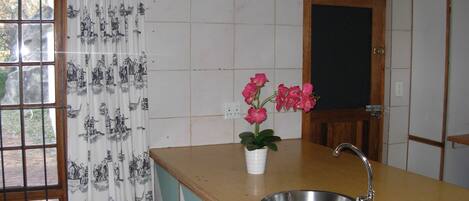 A kitchen with a wooden countertop, a stainless steel sink, and a potted plant with pink flowers.