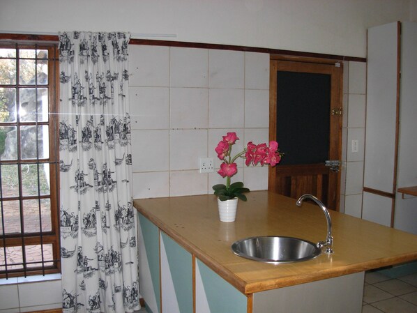 A kitchen with a wooden countertop, a stainless steel sink, and a potted plant with pink flowers. - Sterkfontein Heritage Lodge (Krugersdorp)