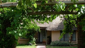 A rustic building with a thatched roof, a stone pathway leading to the entrance, and a wooden pergola with climbing plants. - Sterkfontein Heritage Lodge (Krugersdorp)