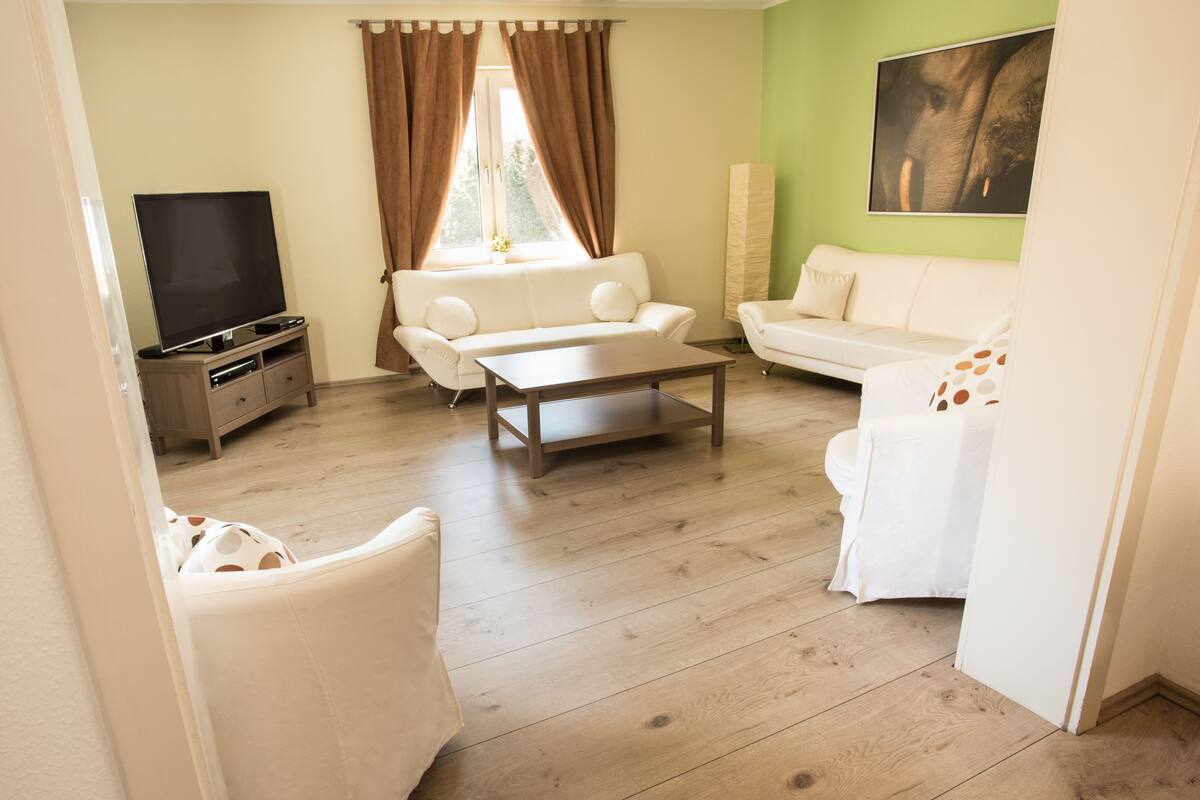 luxury apartment, 2 bedrooms, kitchen | living area | 25-inch tv with cable channels