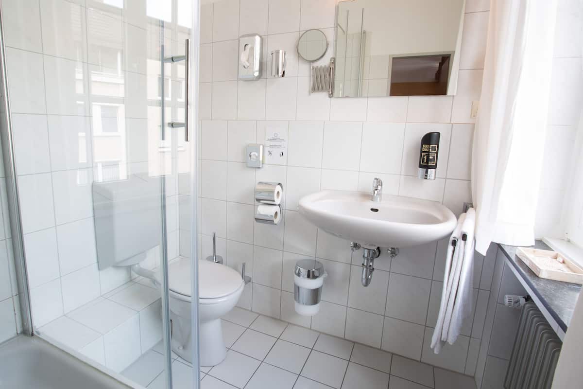 shower, free toiletries, hair dryer, towels