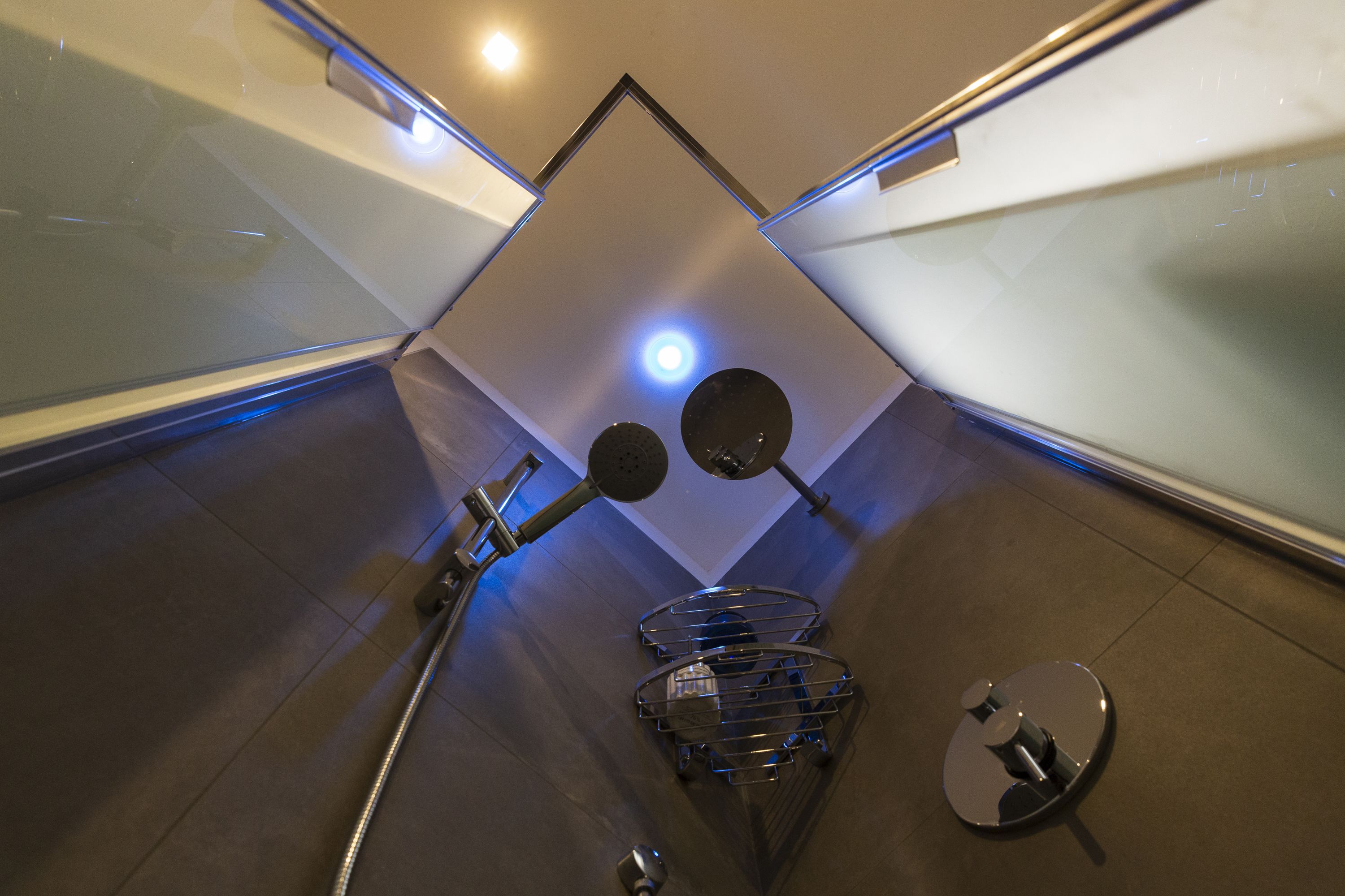 A modern bathroom with a glass shower enclosure, a visible showerhead, and a metal towel rack.