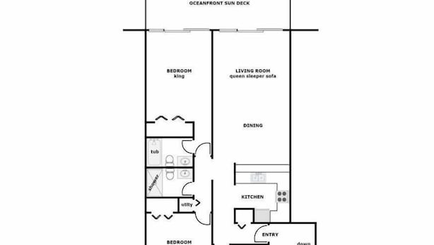 Plan d’étage d’une chambre d’hôtel située au 925, boulevard N. Anderson, comprenant une chambre à coucher, un salon, un coin repas, une cuisine, une salle de bain et une terrasse ensoleillée.