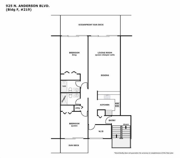 A floor plan of a hotel room at 925 N. Anderson Blvd., including a bedroom, living room, dining area, kitchen, bathroom, and sun deck. - Ocean Potion - Oceanfront Queen's Grant Condo with Amazing Views! (Topsail Beach)