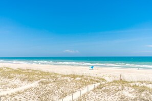 A beach with clear skies, a sandy shore, and dunes.