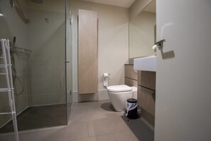A modern bathroom with a glass shower enclosure, a toilet, and a sink.