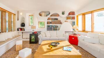 Design Villa | Living area | 50-inch flat-screen TV with satellite channels, TV, fireplace