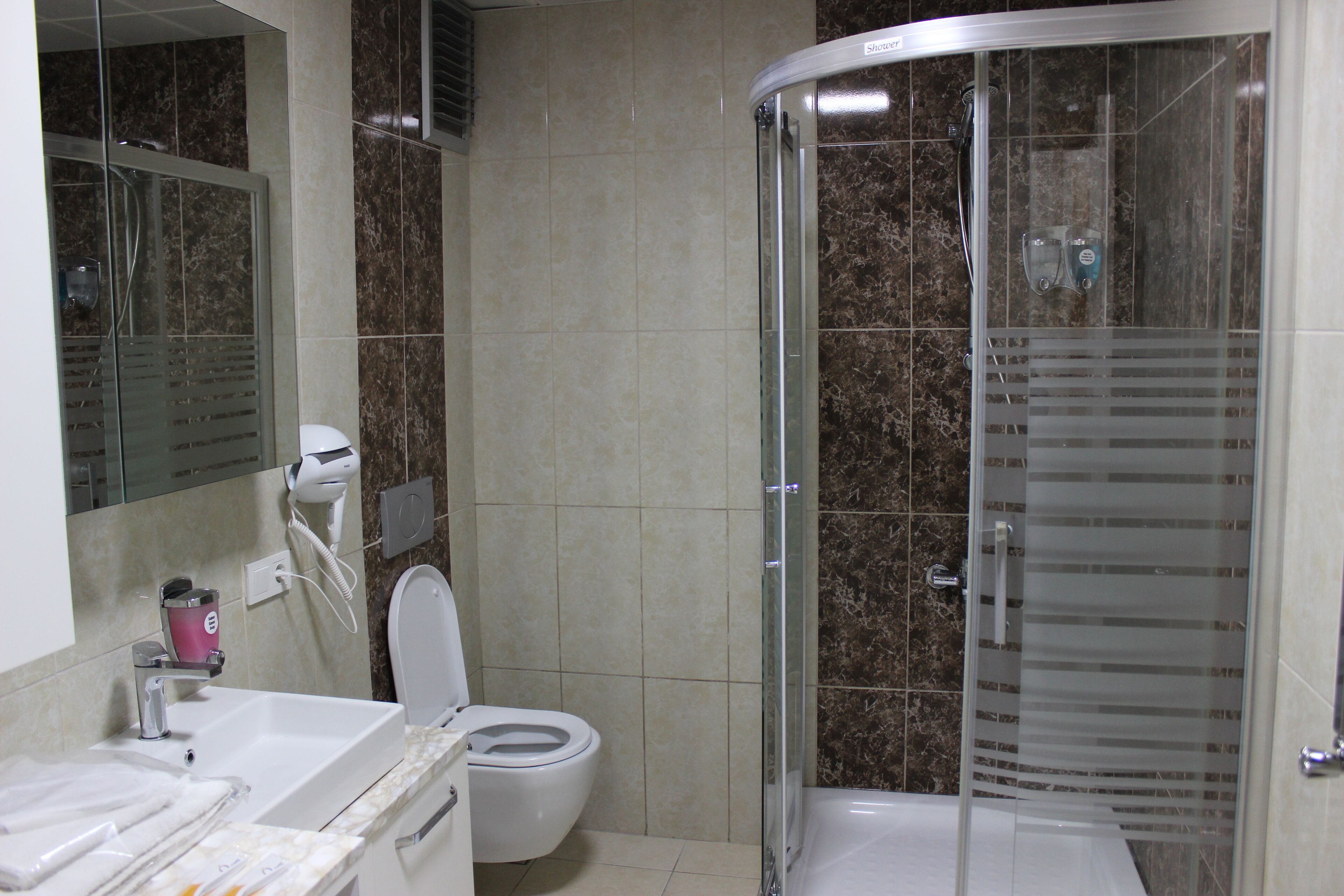 Ein modernes Badezimmer mit einer gläsernen Duschkabine, einer weißen Toilette und einem Waschbecken mit Spiegel darüber.