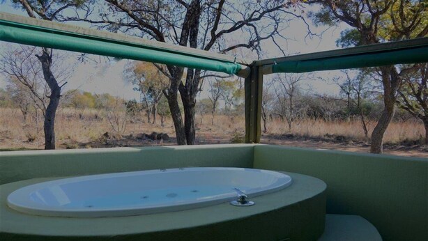 Un jacuzzi rond, de couleur verte à l’extérieur, entouré d’une balustrade verte, avec en arrière-plan des arbres et de l’herbe sèche.