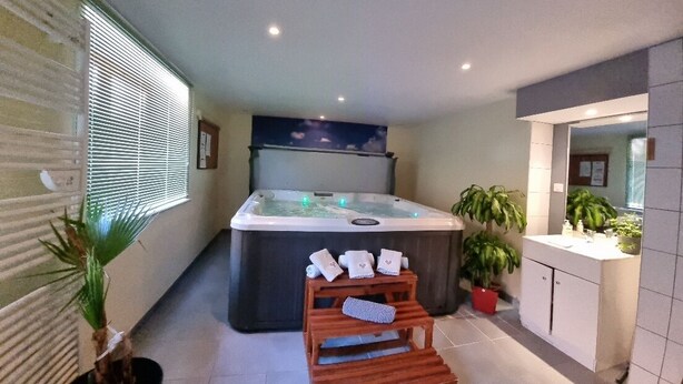 Une salle de bain moderne avec un jacuzzi, un banc en bois, des plantes en pot et une coiffeuse avec un miroir.