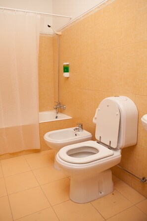 A bathroom with a toilet, bidet, and a shower. - Lethes View Apartamentos Turisticos (Ponte da Barca)