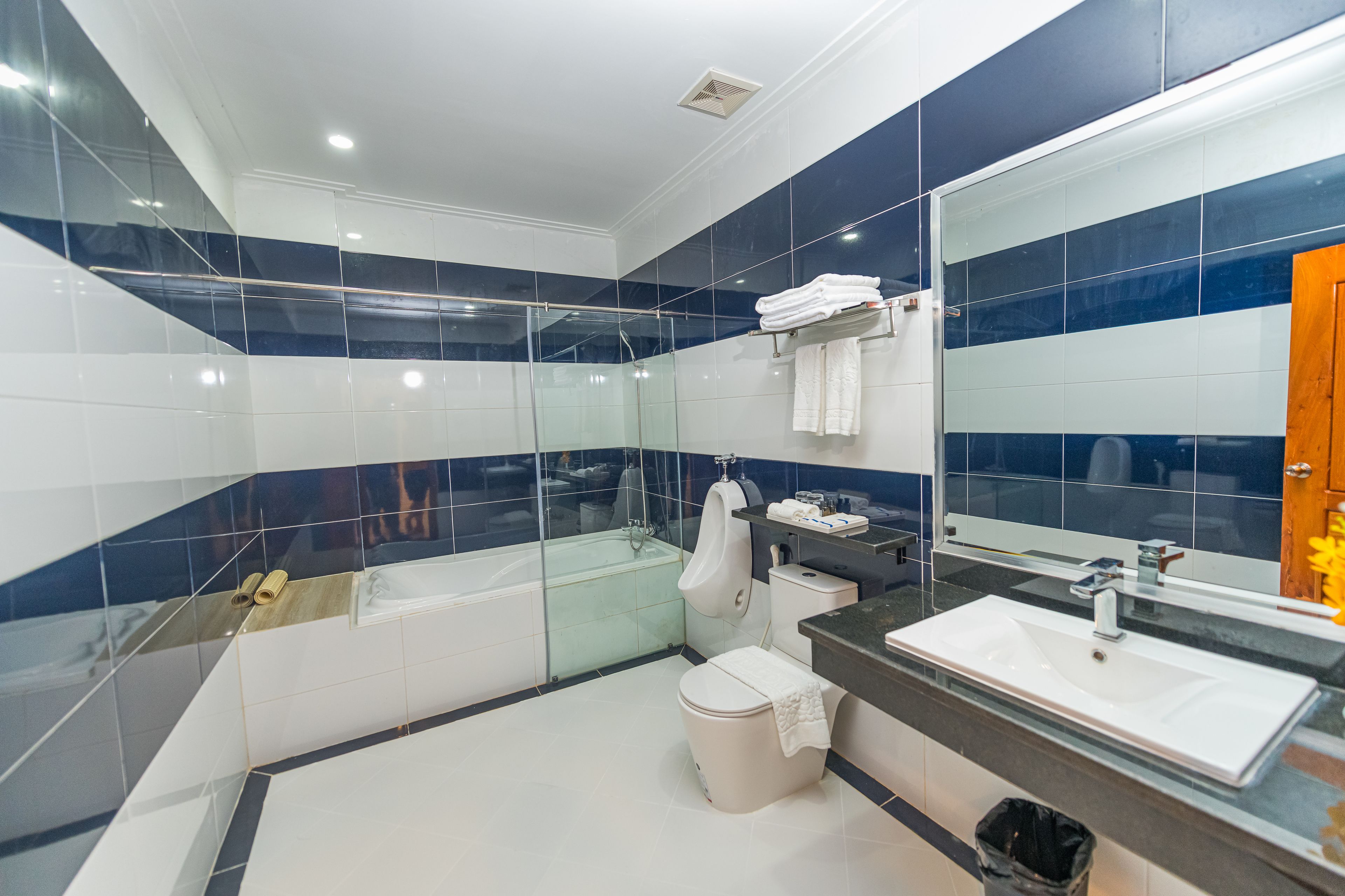 A modern bathroom with a glass-enclosed shower, a white toilet, a sink with a mirror, and a towel rack.