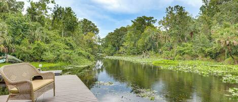 A wooden deck with a wicker chair, overlooking a calm river with lily pads, surrounded by dense greenery.