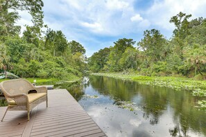 A wooden deck with a wicker chair, overlooking a calm river with lily pads, surrounded by dense greenery.