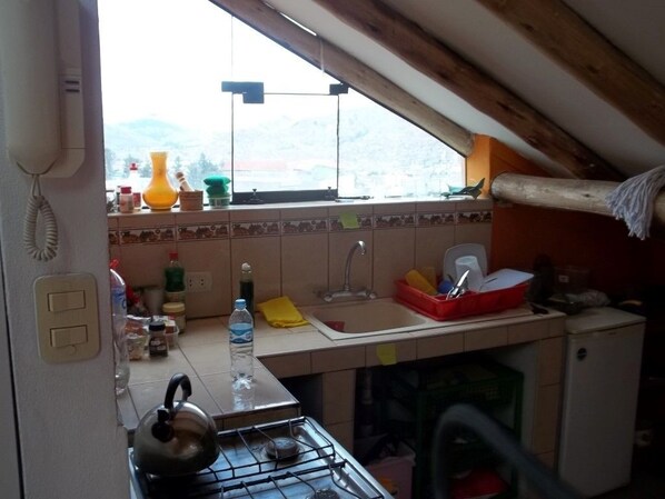 A compact kitchen with a gas stove, a sink, and a small refrigerator.