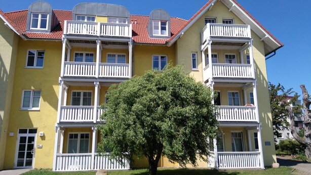 Un edificio amarillo de varios pisos con balcones y un árbol en primer plano.