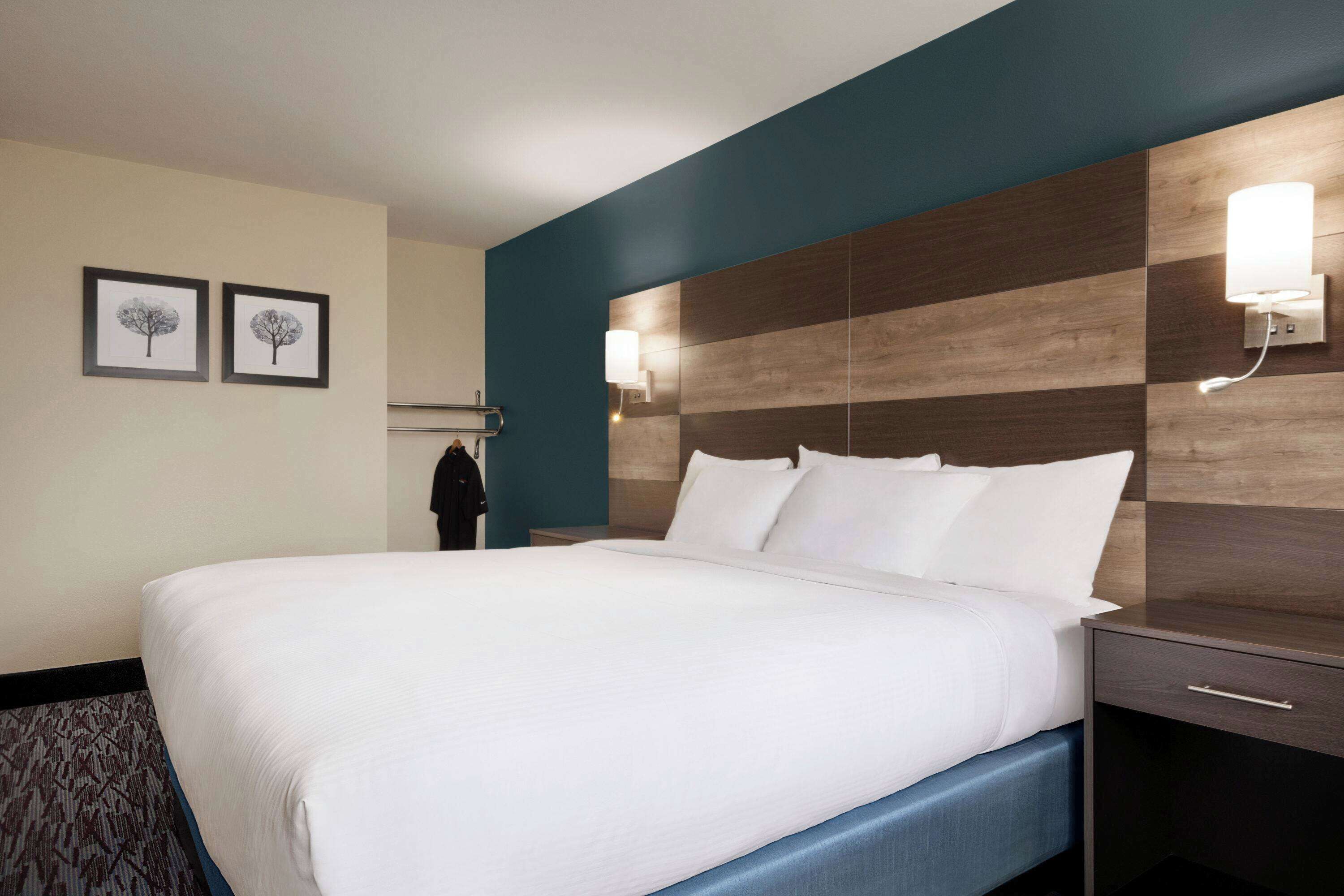 A hotel room with a large bed, a nightstand, a wall-mounted lamp, and two framed pictures on the wall.