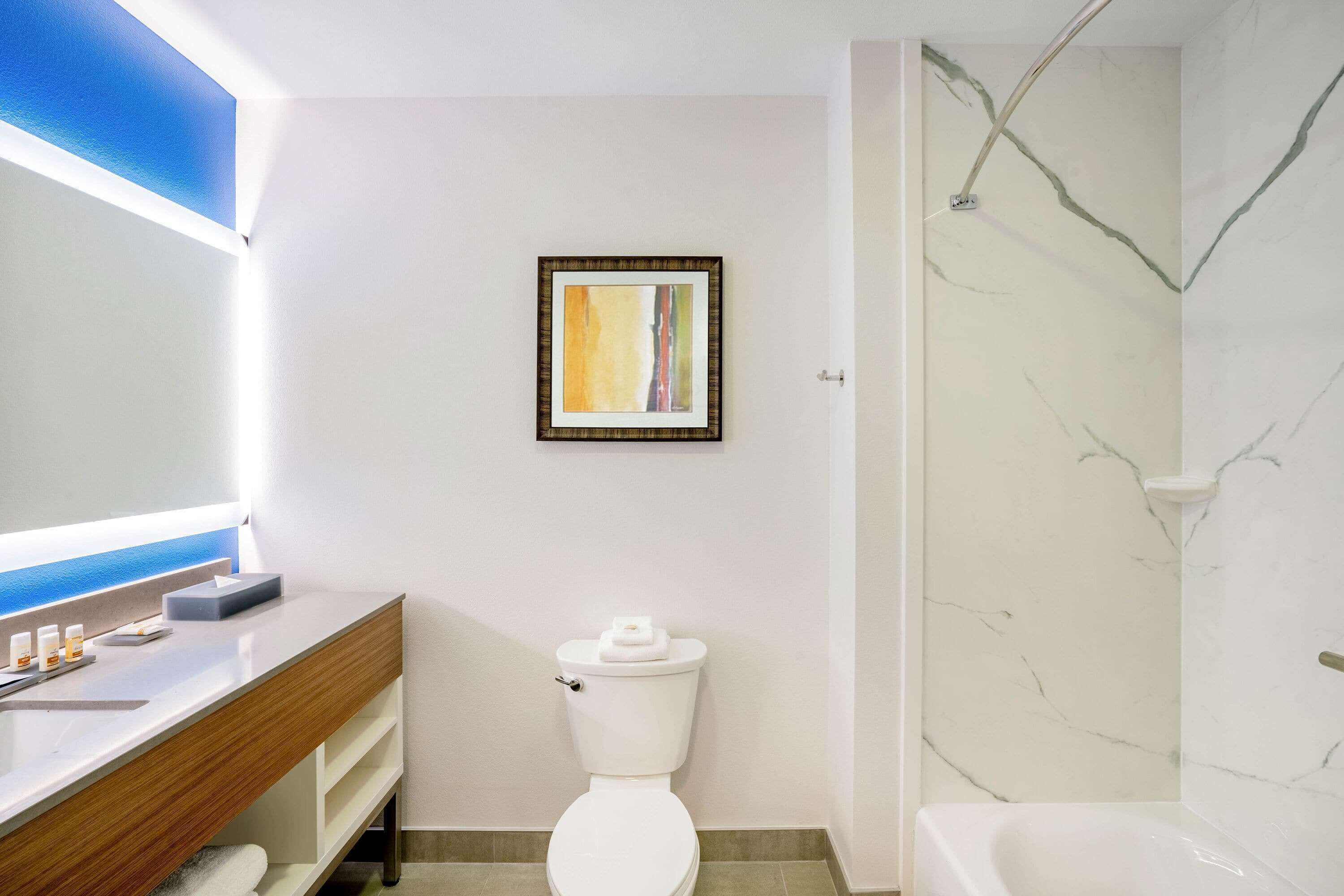 combined shower/bathtub, free toiletries, hair dryer, towels