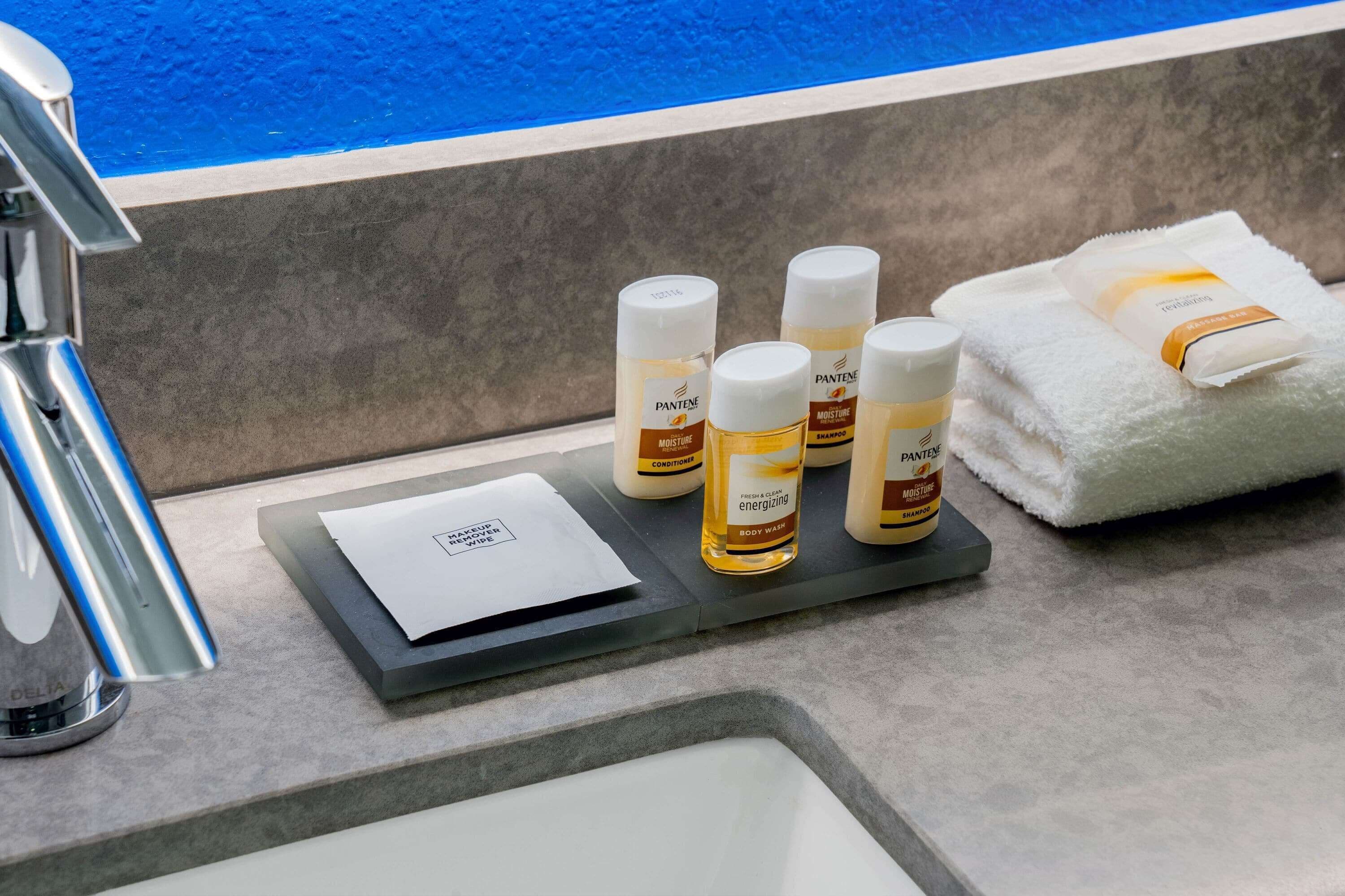 combined shower/bathtub, free toiletries, hair dryer, towels