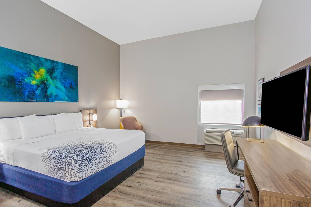 A hotel room with a large bed, a desk, a chair, a TV, and a painting on the wall.