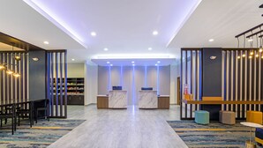 Una moderna zona de recepción con mostrador de mármol, asientos y una alfombra estampada.