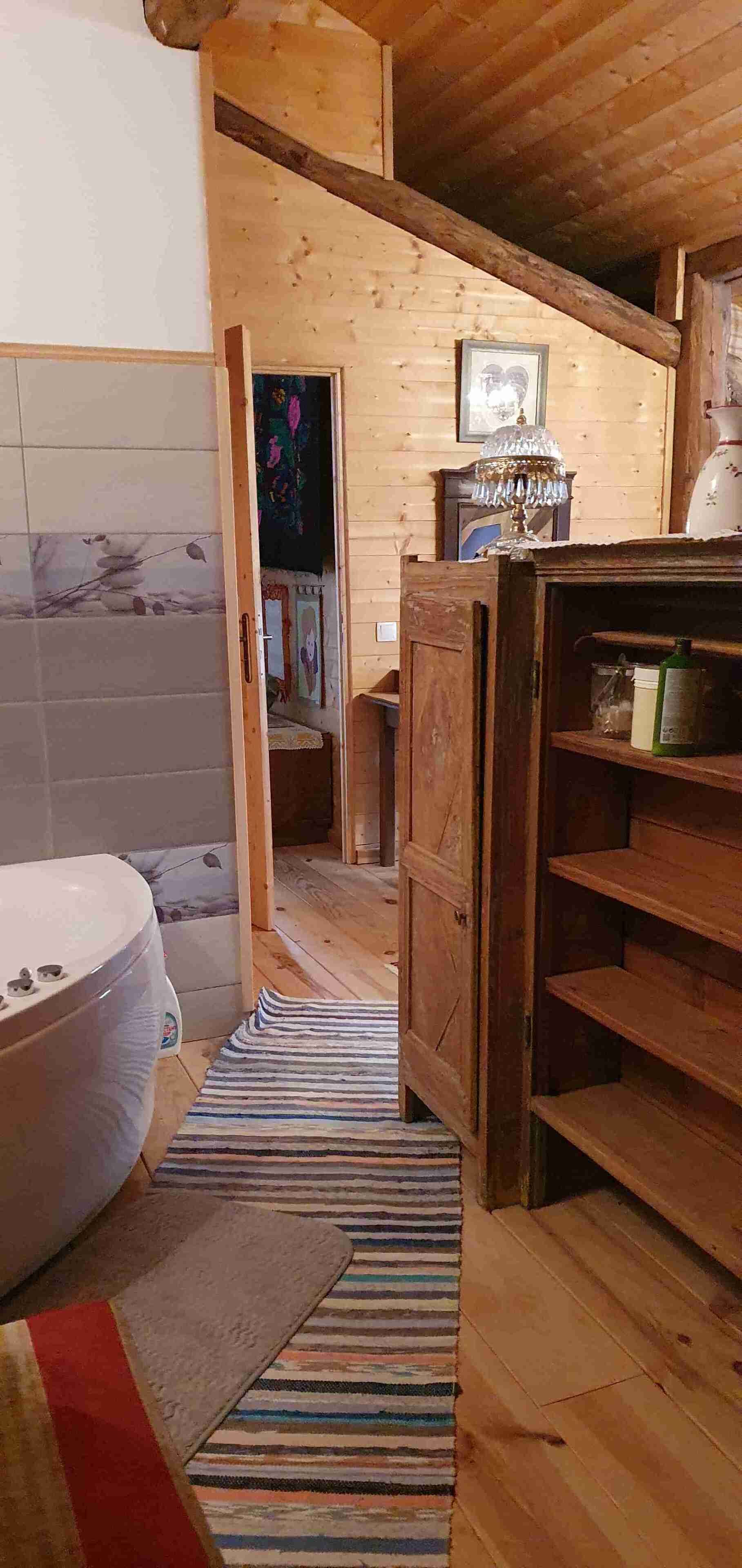 Ein Holzblockhaus-Innenraum mit Bad, Holzschrank und Streifen Teppich.