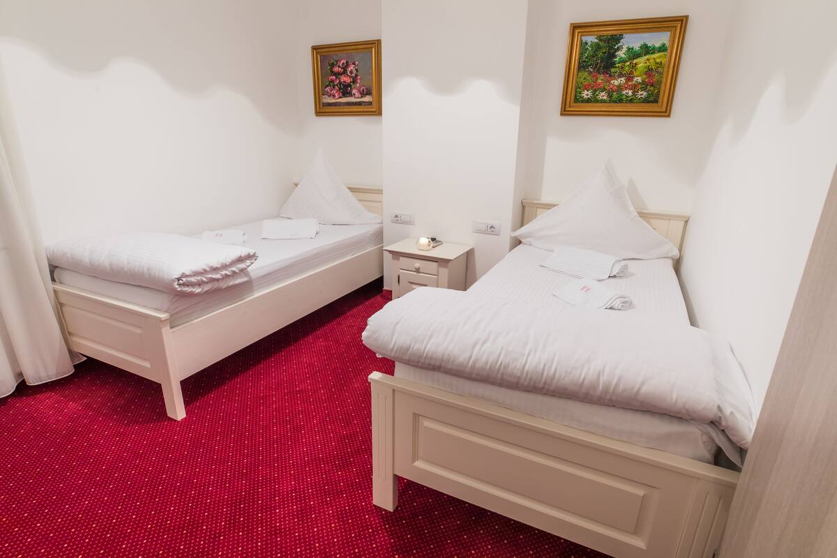A hotel room with two single beds, a small bedside table with a lamp, and a red carpeted floor.
