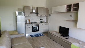 A modern kitchen with a microwave, stove, oven, and built-in cabinets. There is a sofa and a TV in the living area.