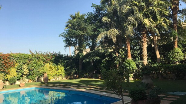 A swimming pool surrounded by lush greenery and palm trees. - Luxury Villa, Scandinavian style,in Golf Solimanya (Giza)