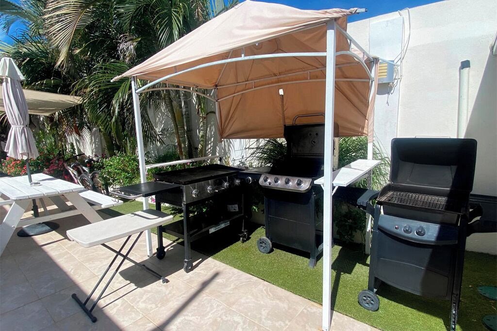 Un espacio para parrillada al aire libre con una parrilla, una mesa y un toldo.
