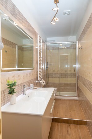 Dusche, Haartrockner, Bidet, Handtücher