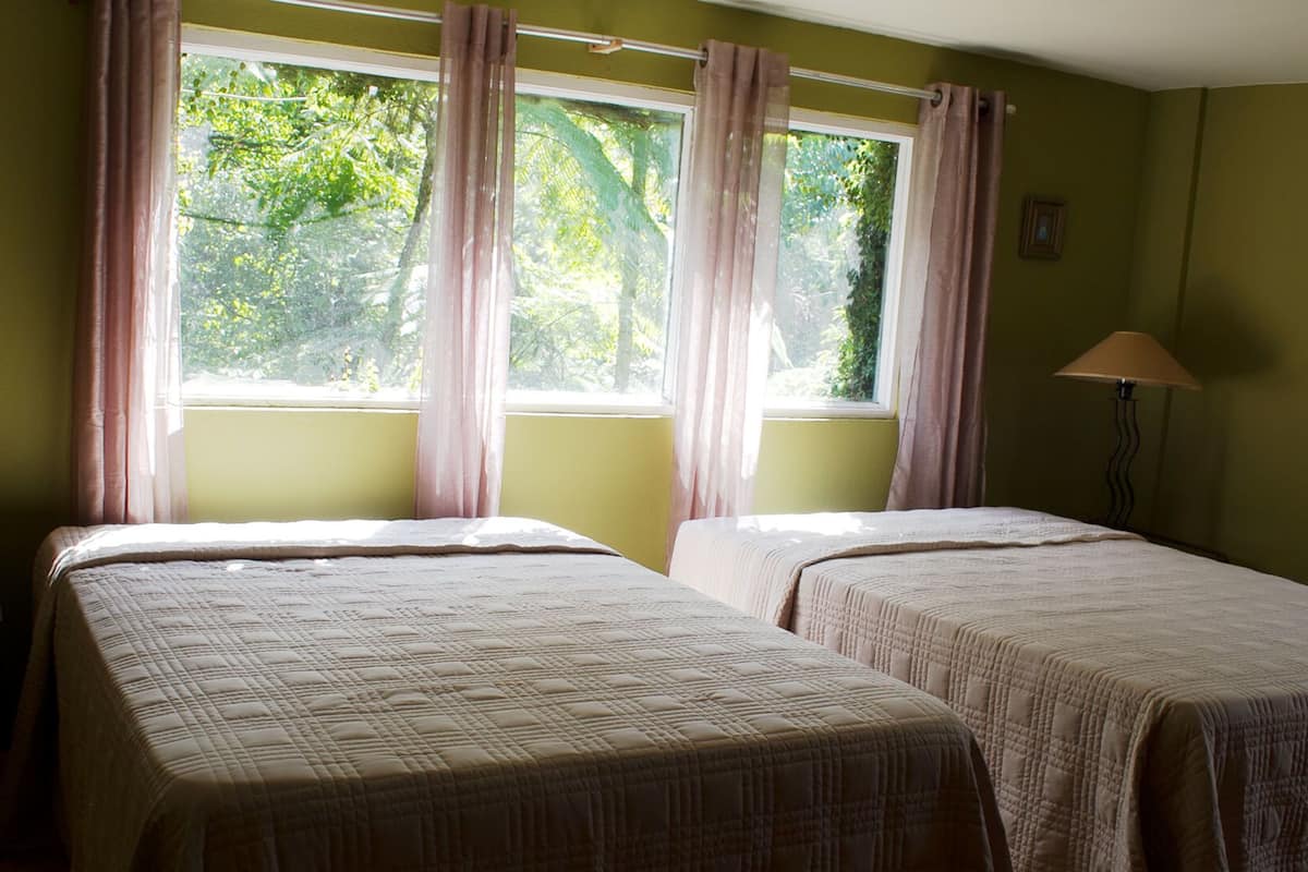Ein Zimmer mit zwei Betten, einem fensterbepflanzten Fenster und zwei Lampen.