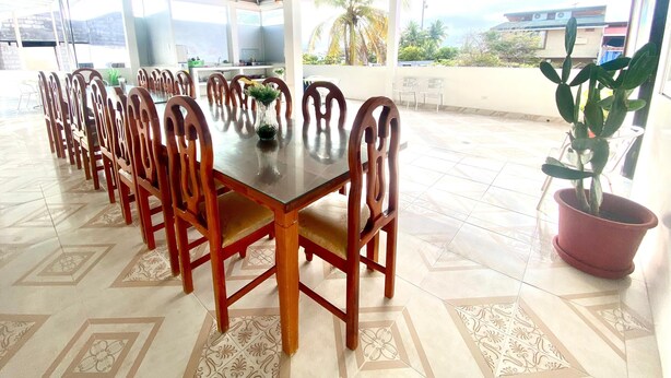 Un comedor cubierto con una mesa larga y sillas, una planta en maceta y vistas al exterior.