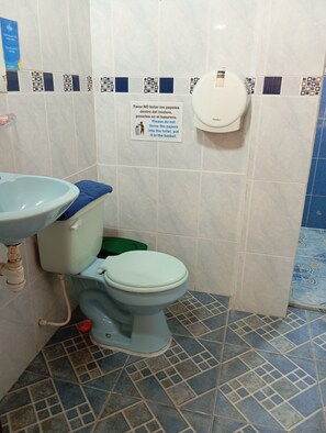 A bathroom with a toilet, sink, and a hand dryer. There is a sign instructing not to throw paper into the toilet. - Hostal Insular (Puerto Villamil)