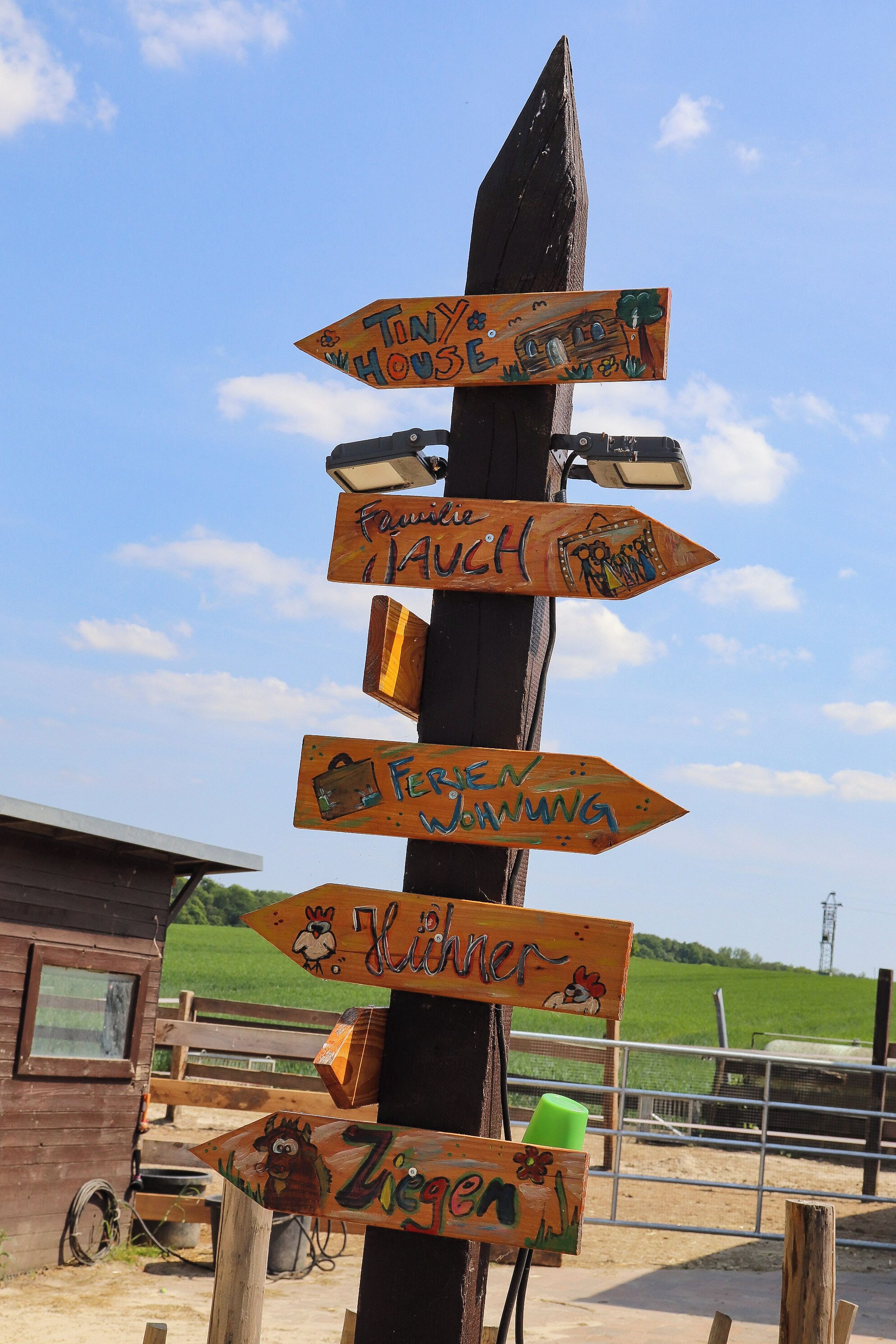 A wooden signpost with directional arrows pointing to various destinations.