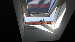 A skylight with a view of red-roofed buildings and a windmill. - Apartment Claudia (Wittmund)