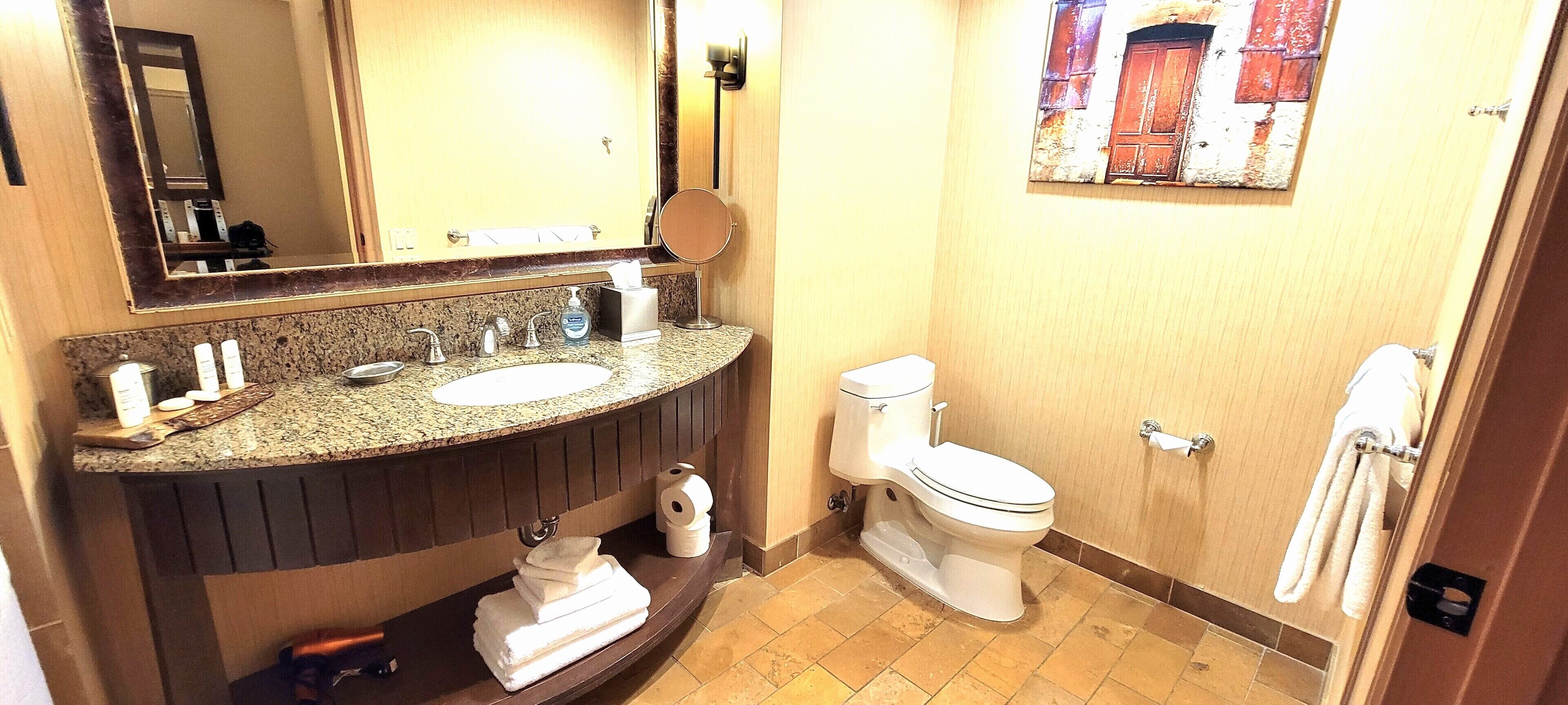 A bathroom with a granite countertop sink, a mirror, a toilet, and a towel rack.