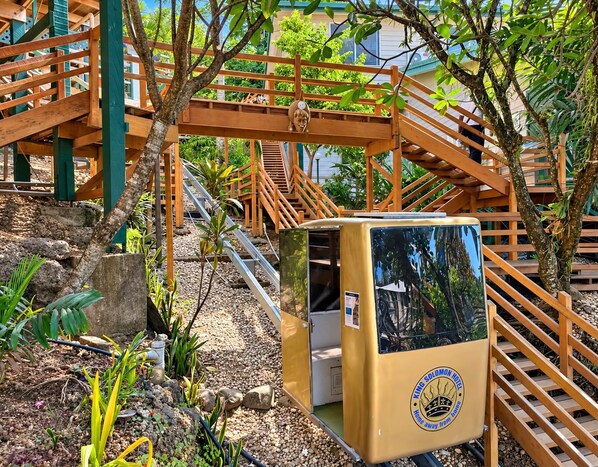A wooden staircase with a small yellow kiosk labeled 'King Solomon Hotel' in a garden setting. - King Solomon Hotel (Honiara)