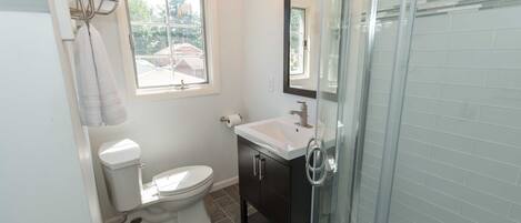 Combined shower/bathtub, hair dryer, towels, soap
