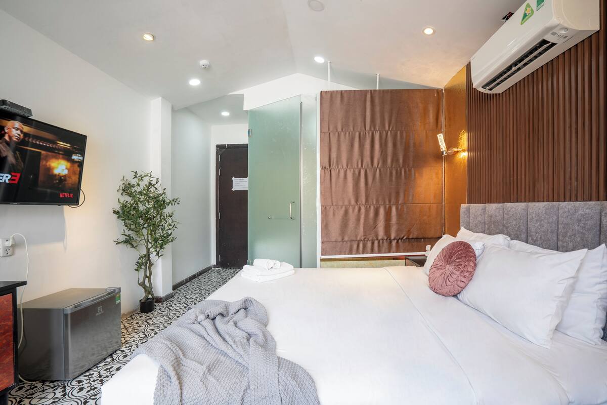 A hotel room with a bed, a TV, a plant, and a small desk.