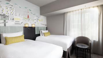 A hotel room with two beds, a chair, and a cityscape mural on the wall.